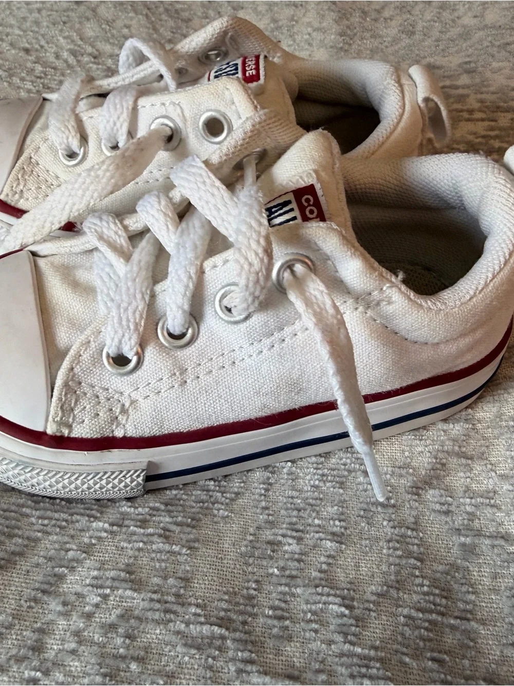Converse Kids White Canvas Low Top Sneakers with Red & Blue Accent